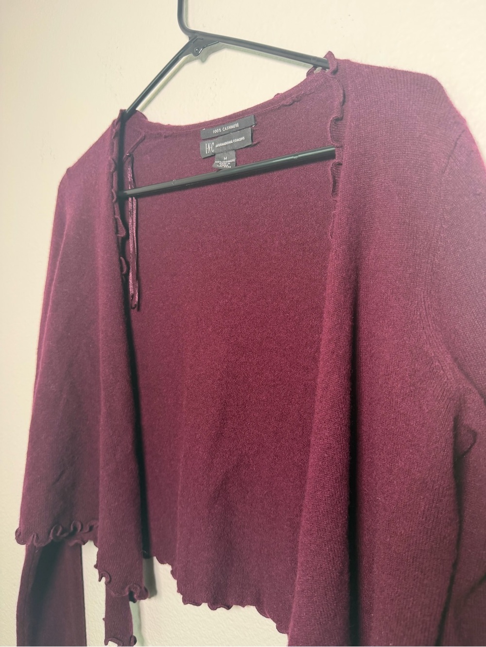 FLAWED INC International Concepts 100% Cashmere Burgundy Ruffle-Trim Cardigan - Picture 3 of 7